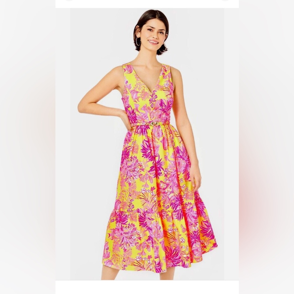 Lilly Pulitzer Bri V-Neck Cotton Midi-Dress - Calla Yellow Floral Coral - Size 4 - Picture 2 of 11